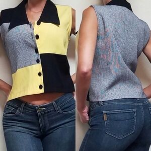 VINTAGE Sag Harbor Yellow Black Patchwork Colorblock Crepe Sleeveless Crop Top